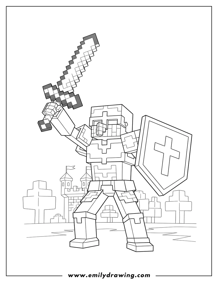 Printable coloring page of minecraft Armored Knight Holding Up Sword and Shield
