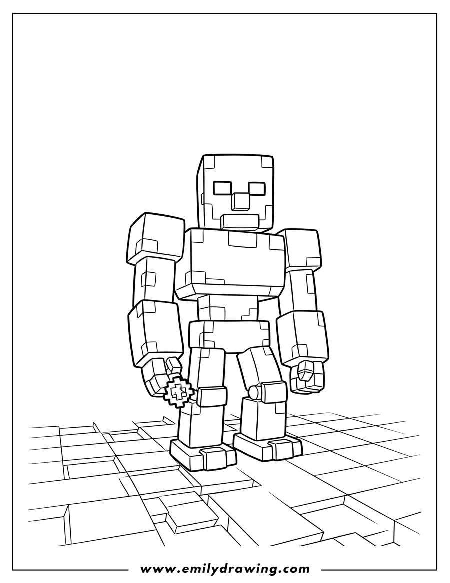 PDF style coloring page: minecraft Iron Golem standing on blocky ground