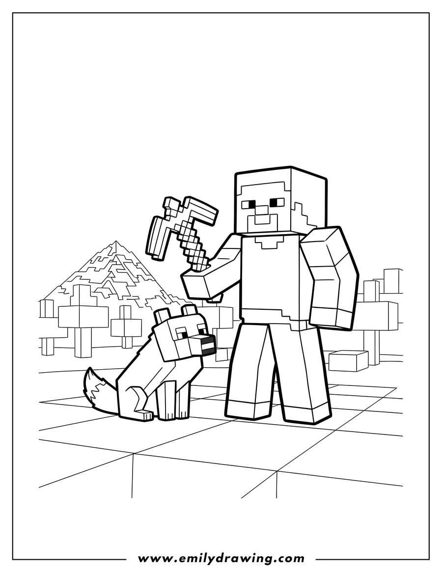 Downloadable coloring page of minecraft Video Games: Steve with a pickaxe and a wolf