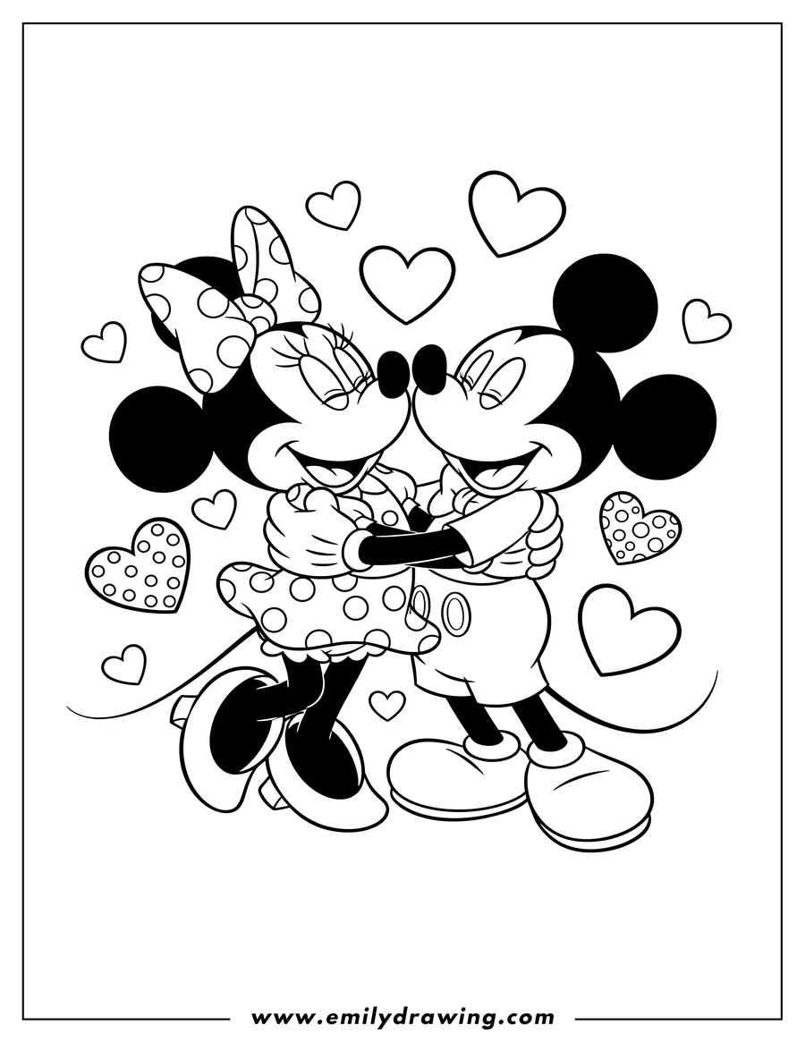 PDF style coloring page: minnie and Mickey Mouse kissing and hugging with floating hearts