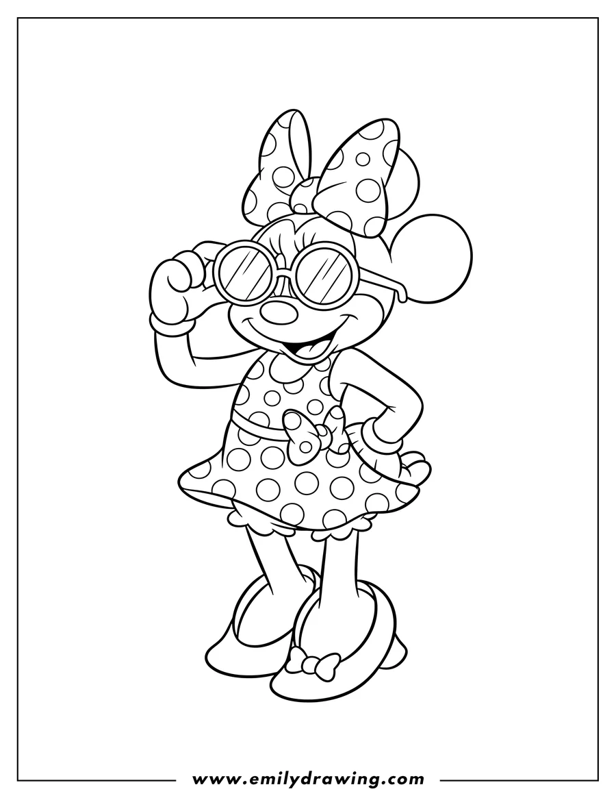 Printable line art of minnie Mouse wearing sunglasses and a polka-dotted dress, striking a cool pose