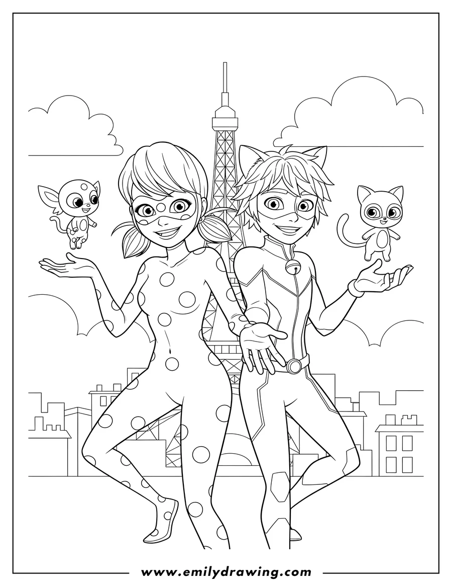 Vector style outline of miraculous Ladybug And Cat Noir reaching out with their kwamis