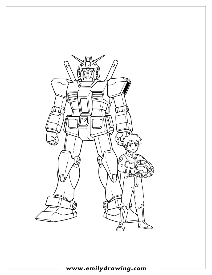 Vector style outline of simple Mobile Suit Gundam with Amuro Ray standing and holding his helmet
