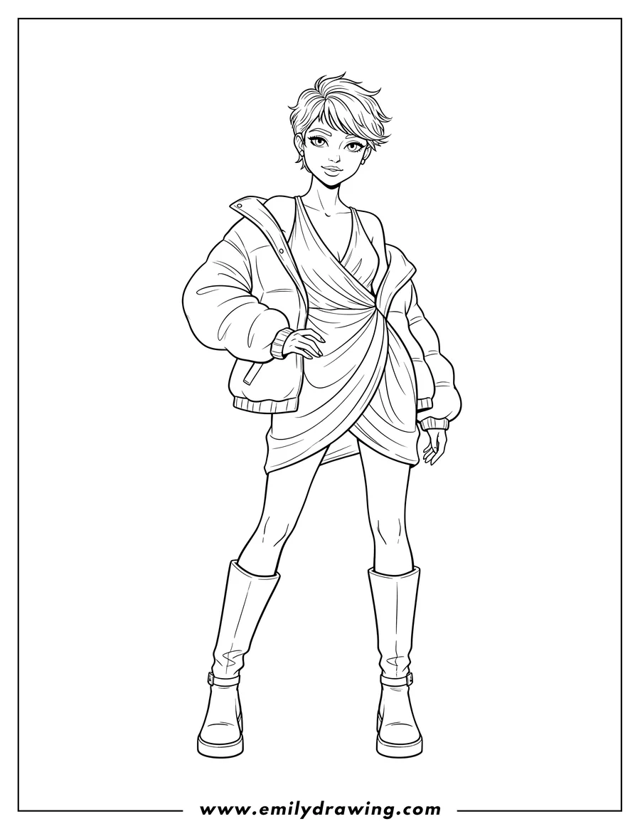 Free to print drawing of fashion model with short hair, wearing a wrapped mini dress, a casually draped puff jacket, and knee-high boots