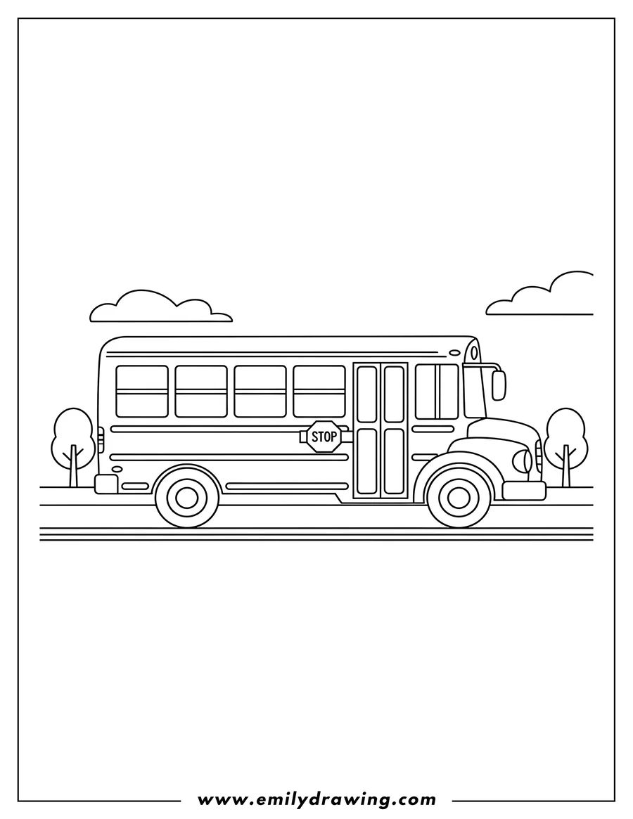 PDF style coloring page: modern School Bus, side view, on a road