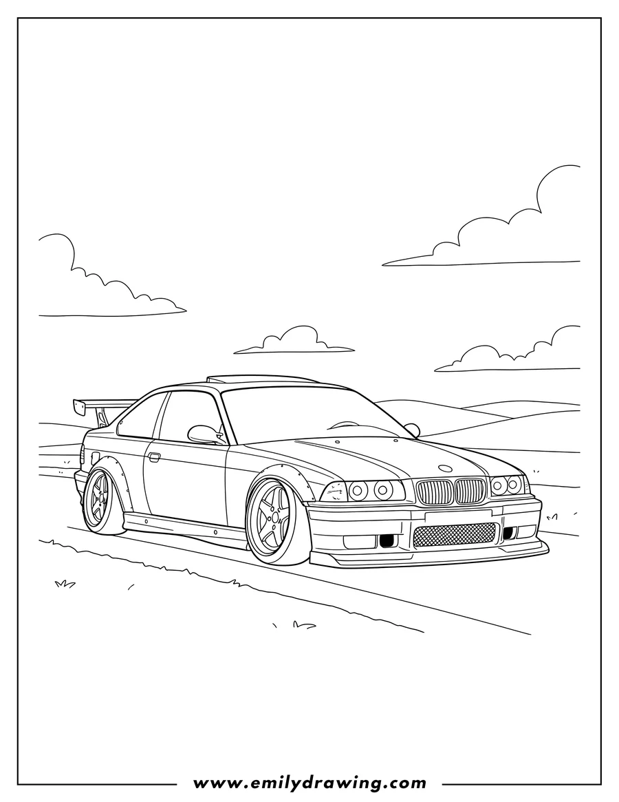Linear illustration of modified Bmw E36 coupe on road