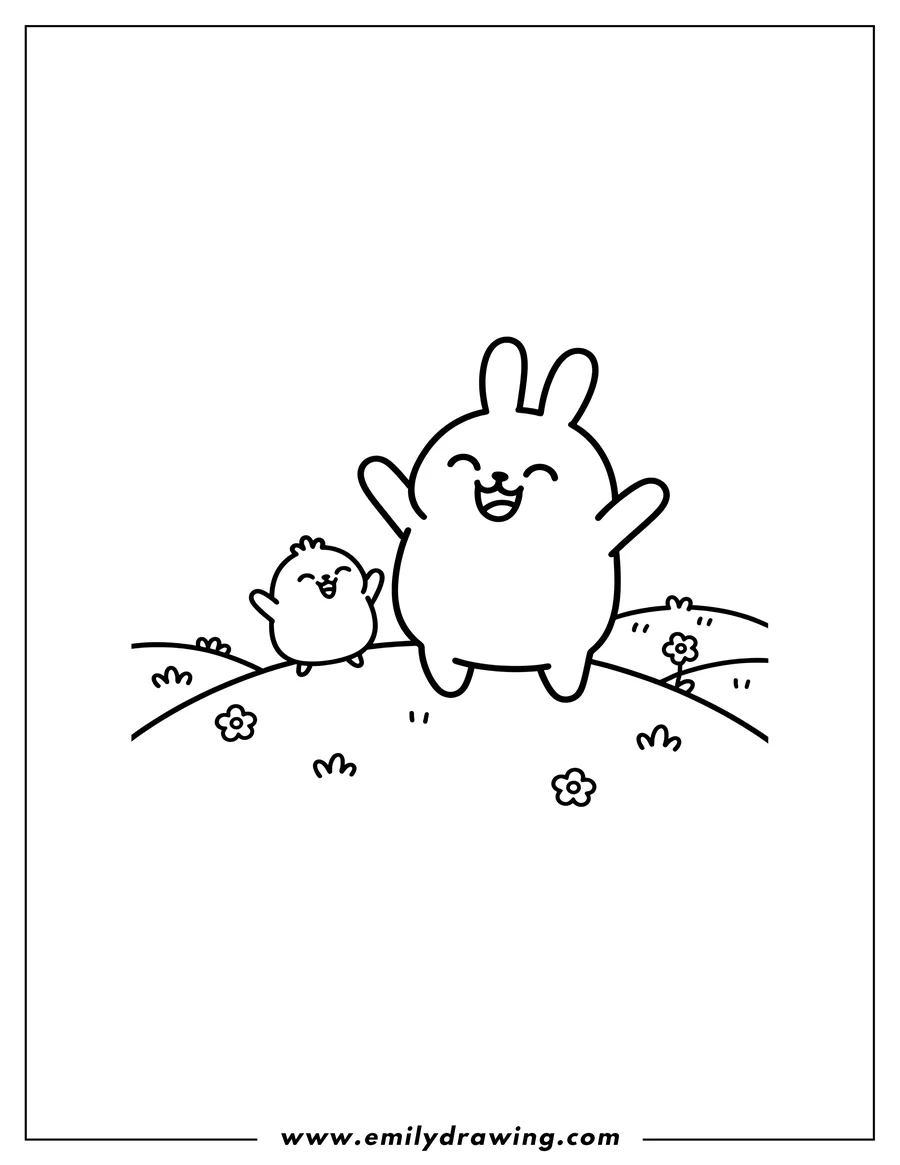 Outline drawing of molang and Piu Piu cheering on hills with outstretched arms and happy smiles