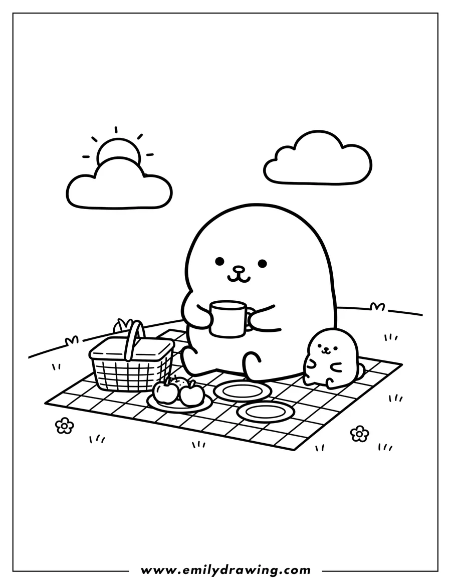 Vector style outline of molang and Piu Piu having a picnic, with Molang drinking from a mug