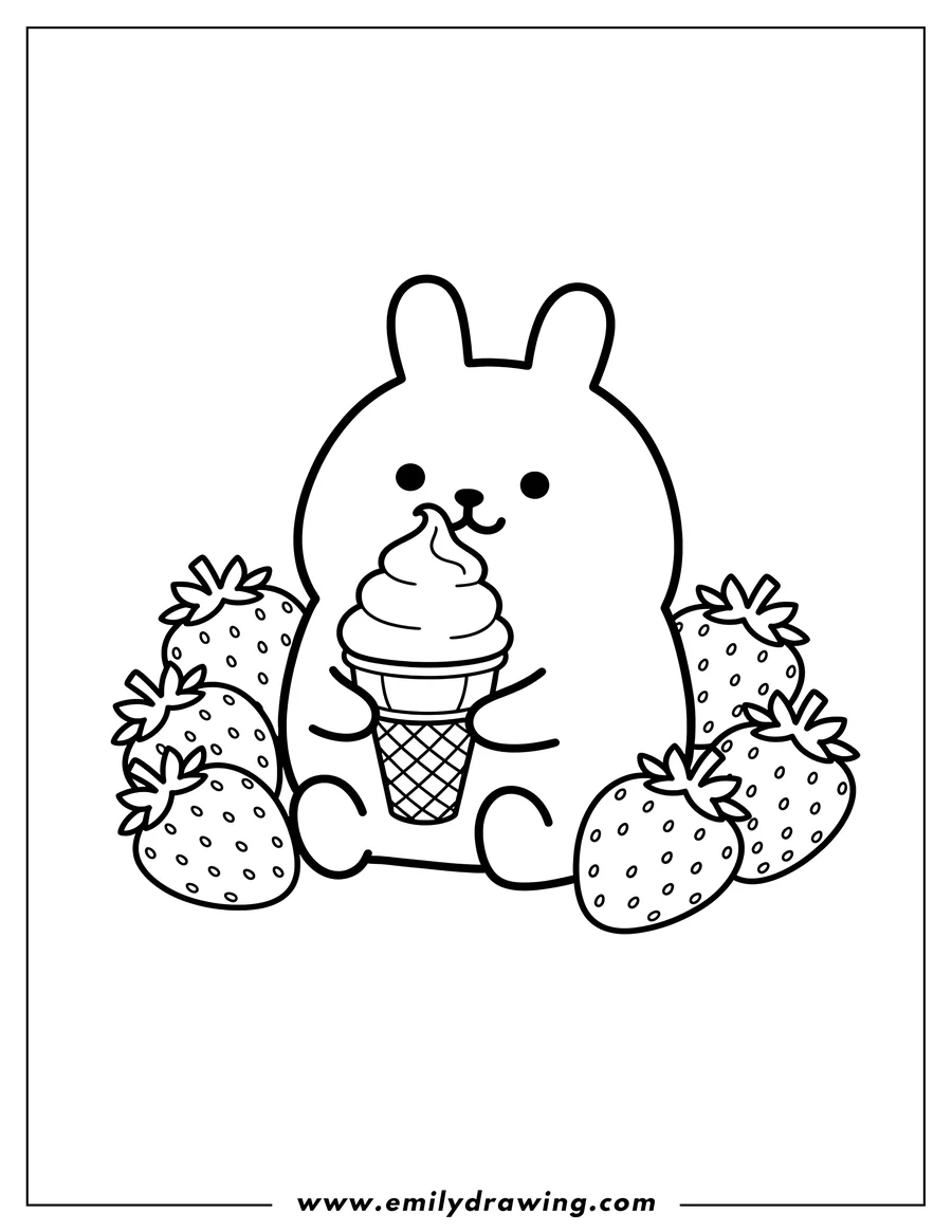 Free printable coloring sheet of simple Molang holding an ice cream cone, surrounded by strawberries