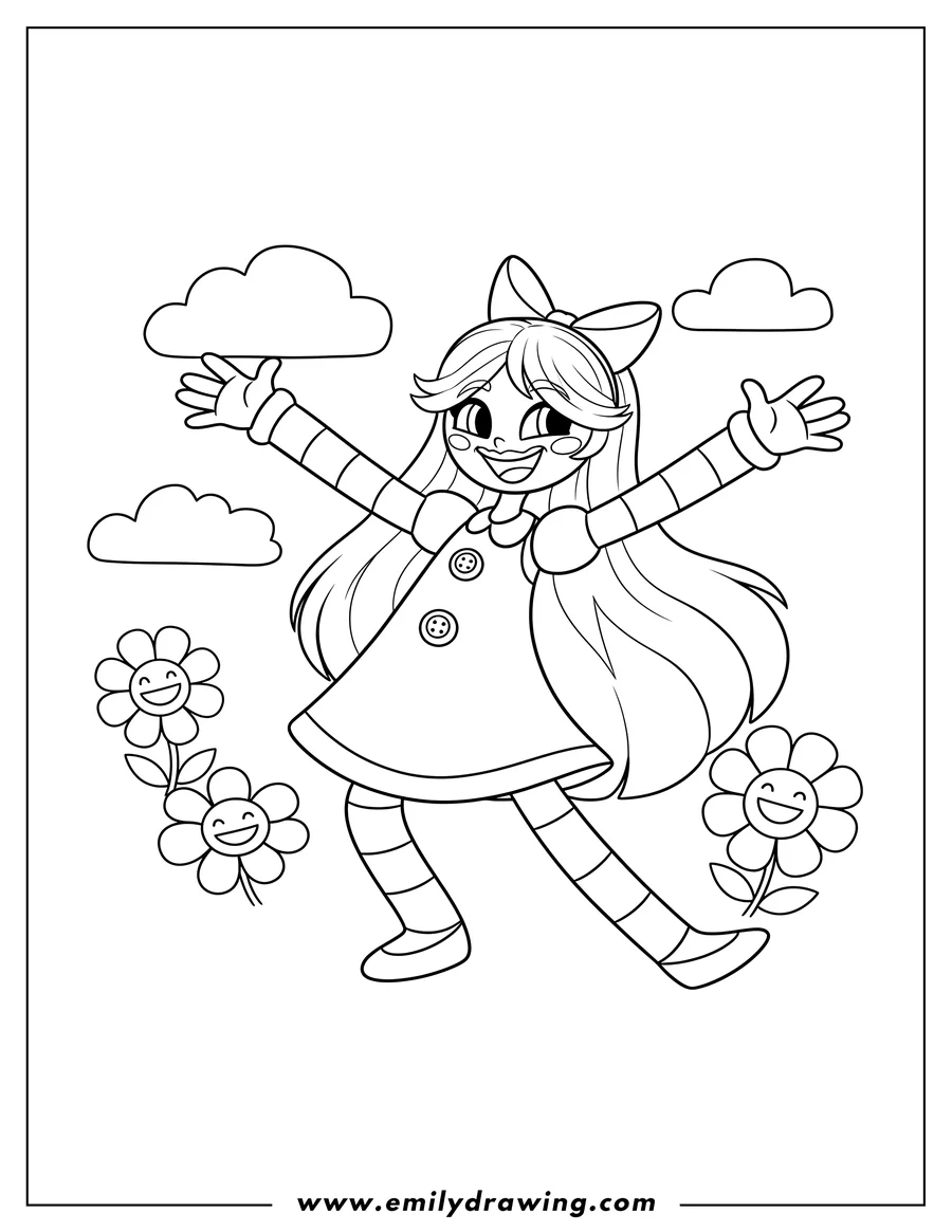 Simple sketch of simple Mommy Long Legs smiling and standing with long arms and legs spread out, for preschoolers to color
