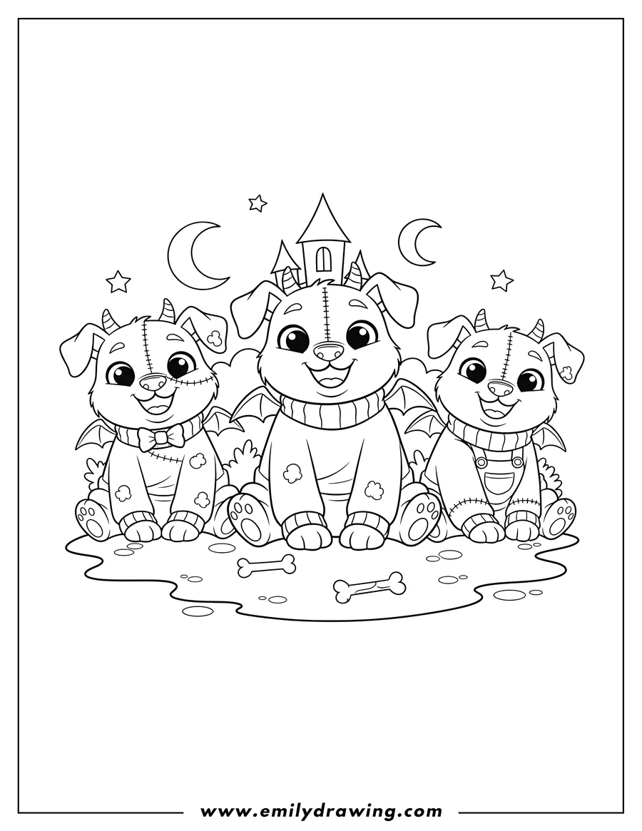 Clean line drawing: monster High Watzit Dog Preschoolers, sitting and smiling, with wings, horns, and stitches