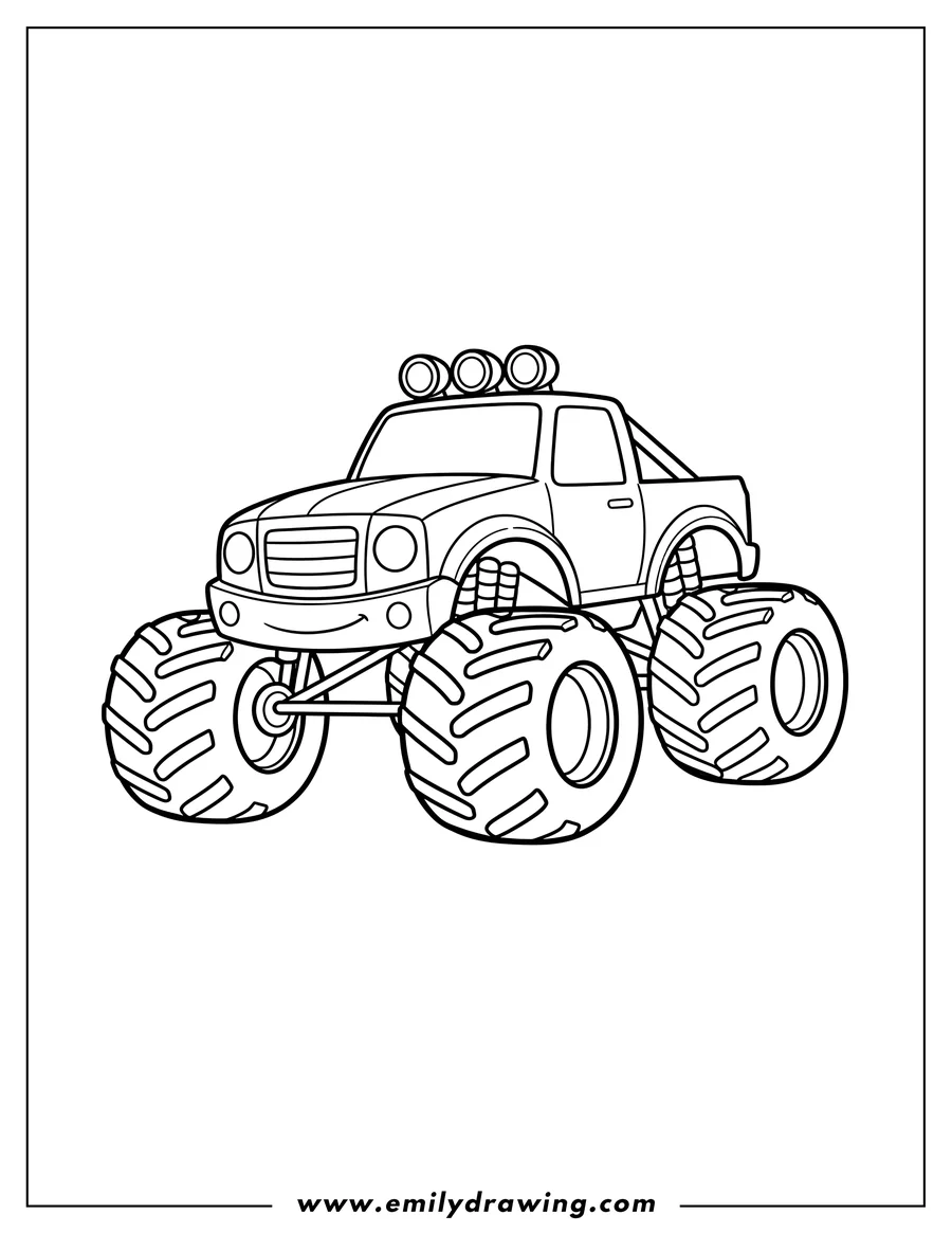 Outline drawing of simple Monster Truck with large treaded tires and roof lights