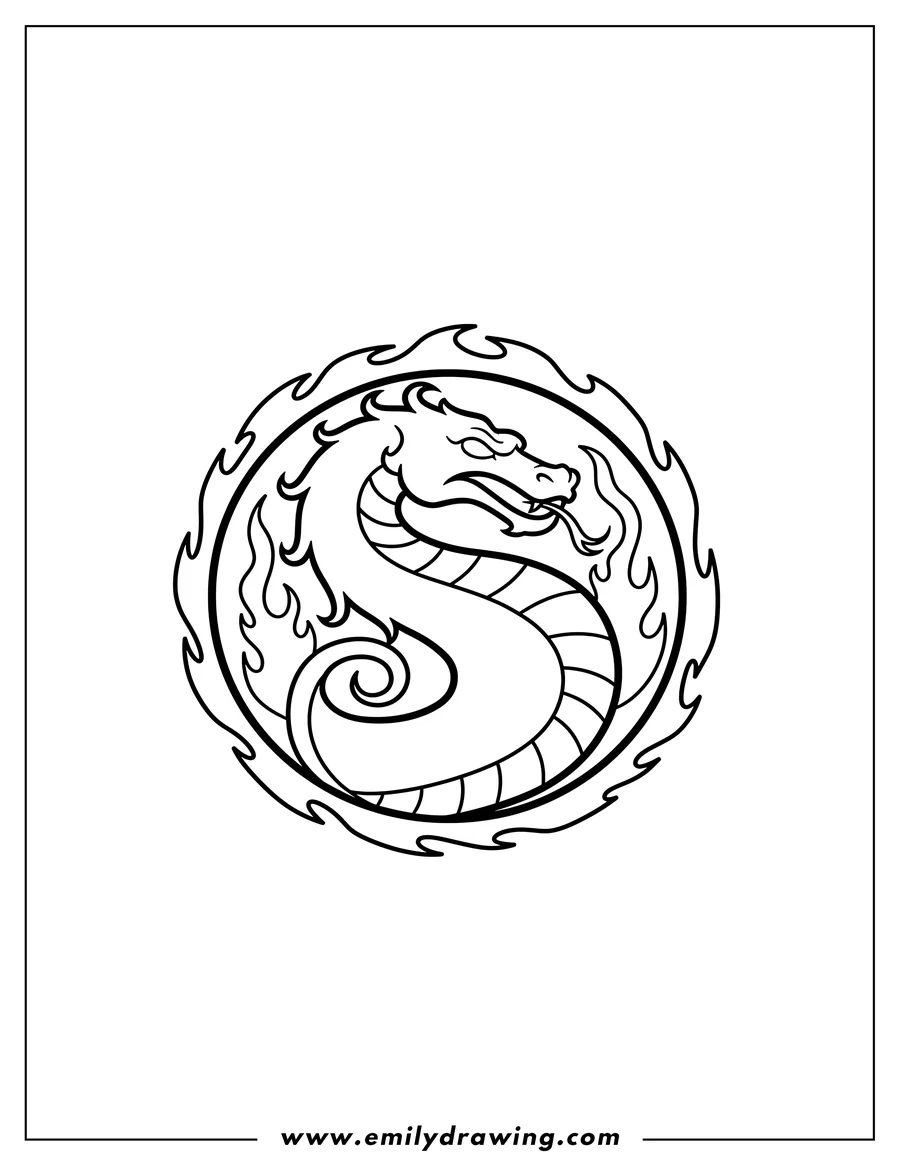 Linear illustration of mortal Kombat Logo, stylized dragon within a circular border