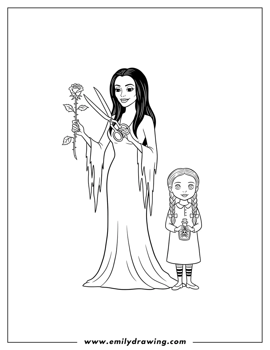 Linear illustration of cartoon Morticia Addams cutting a rose with scissors next to Wednesday Addams with braided pigtails holding a bottle