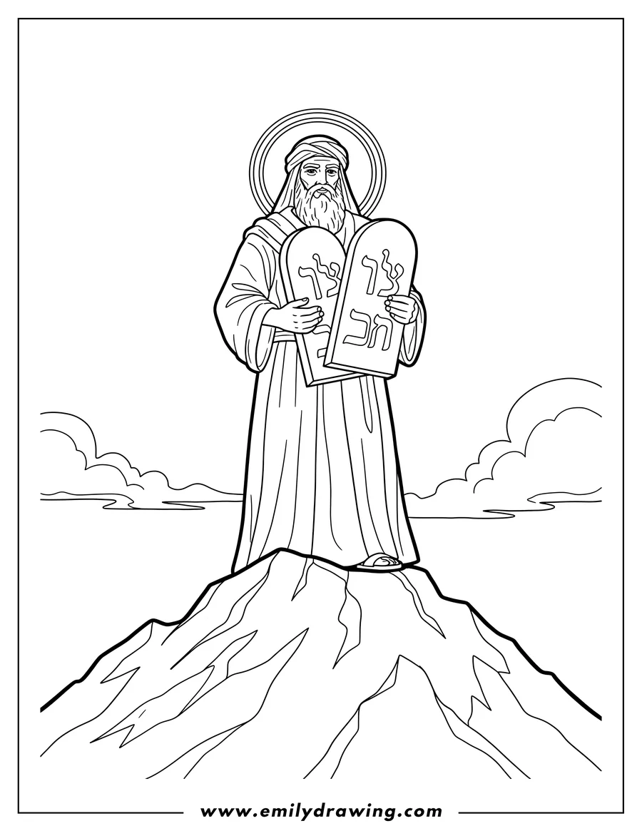 Free printable coloring sheet of moses carrying the Ten Commandments, standing on a mountain with a halo