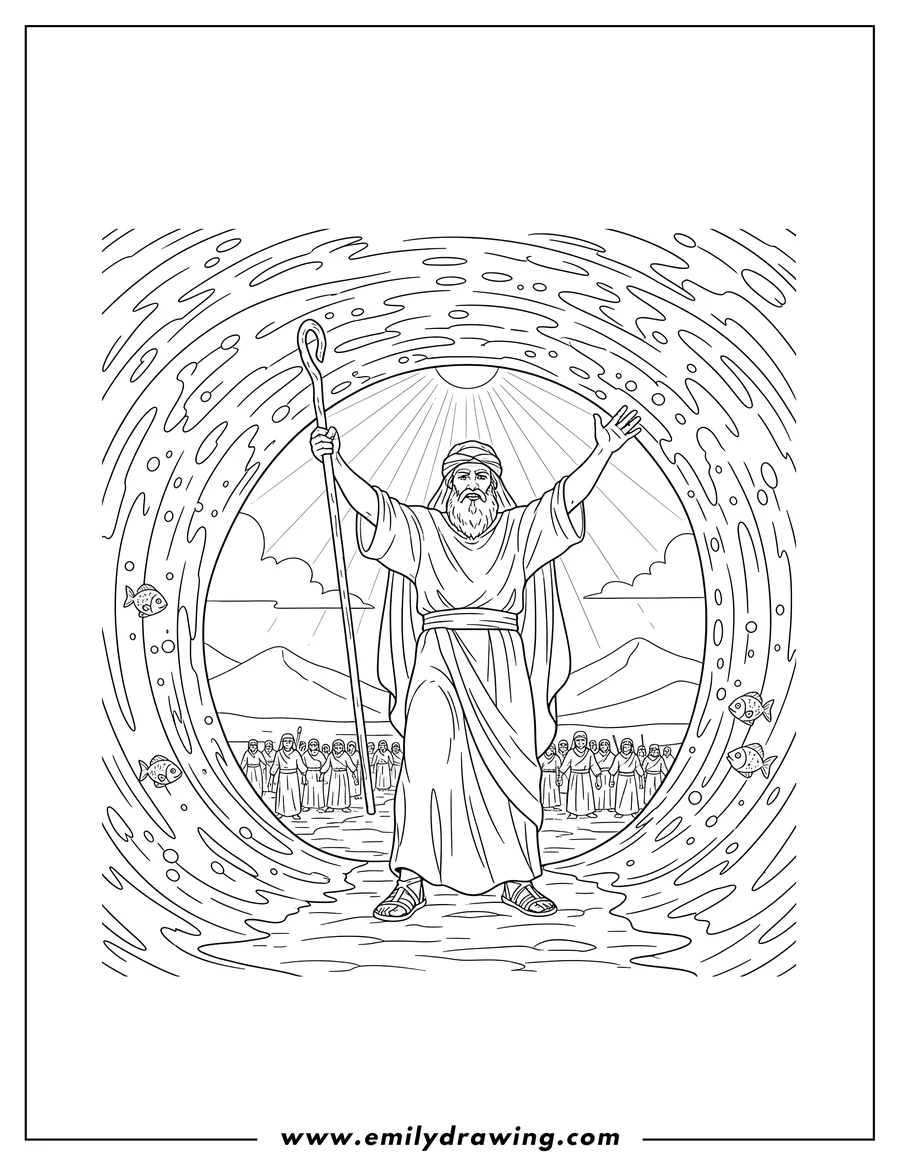 Coloring sheet featuring moses with arms raised and holding a staff, parting the Red Sea into tall walls of water