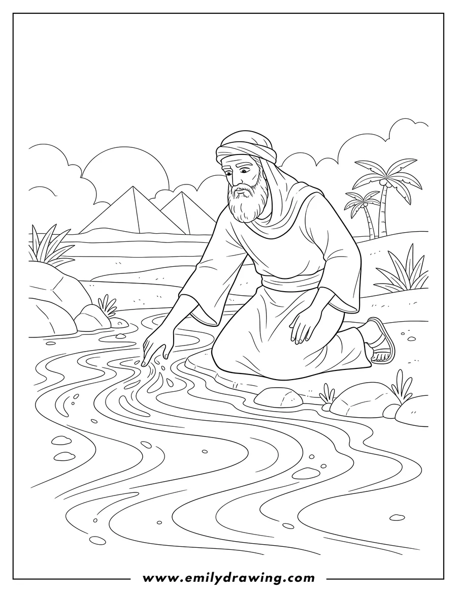 Simple sketch of moses kneeling by the river and touching the water with his finger, turning it into blood to color