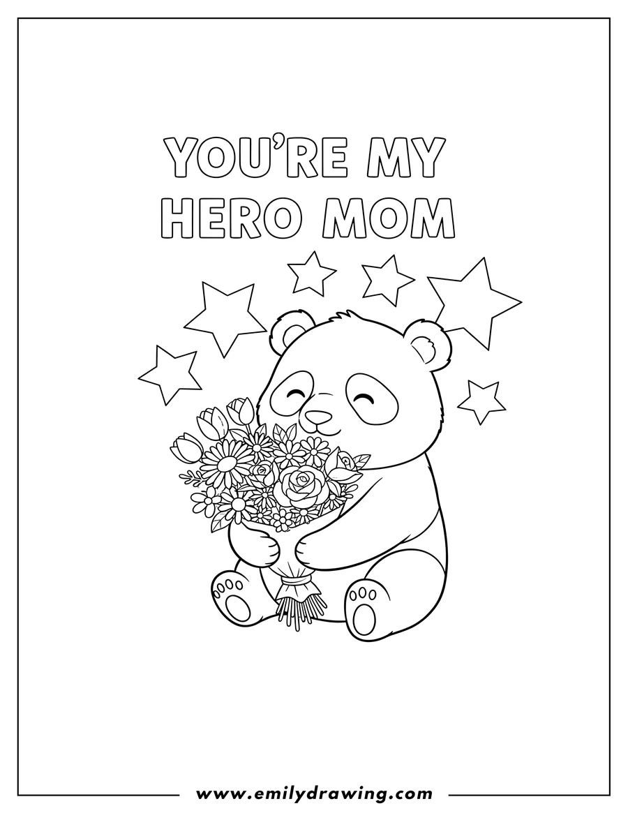 Free printable coloring sheet of mother and Child Pandas sitting together, holding a bouquet of flowers, with stars and 'YOU'RE MY HERO MOM' text for Mother's Day