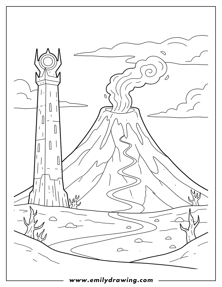 Linear illustration of lord of the Rings: Mount Doom and a tall tower