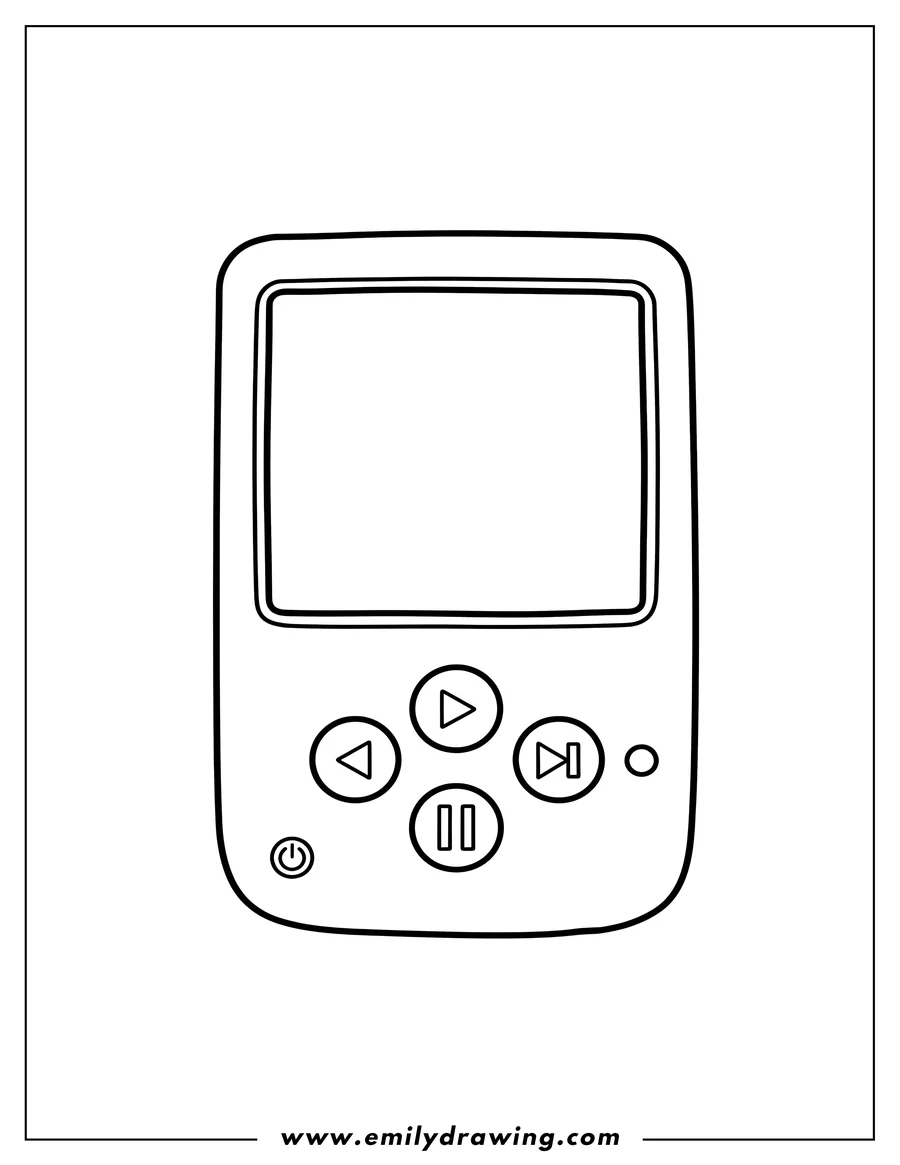 Black and white line art of simple Mp3 Player Outline with screen and media controls