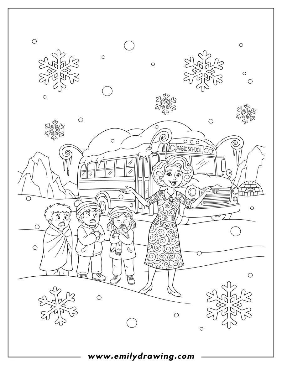 Free printable coloring sheet of magic School Bus Ms. Frizzle smiling and gesturing, with shivering Tim, Ralphie, and Phoebe by their snow-covered bus as snowflakes fall at the North Pole
