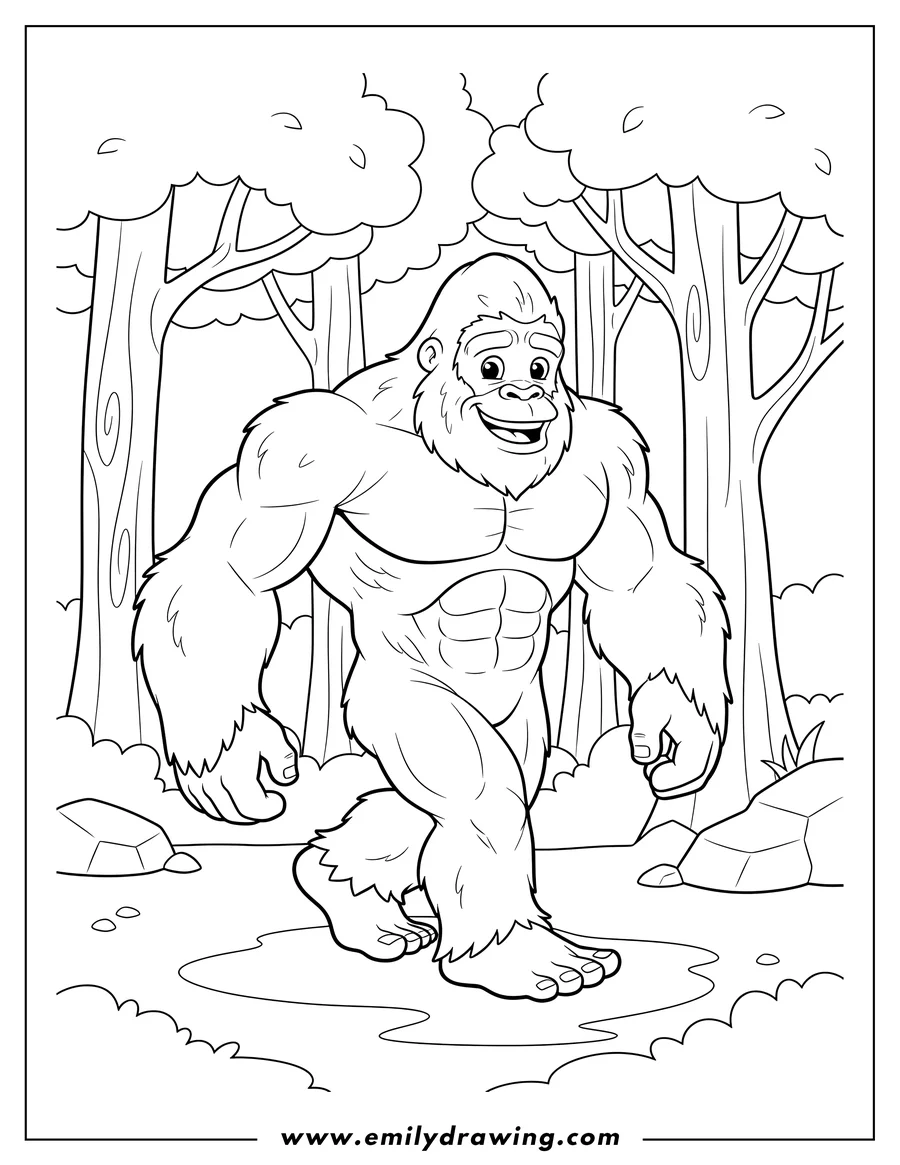Free printable coloring sheet of muscular Bigfoot walking in a forest