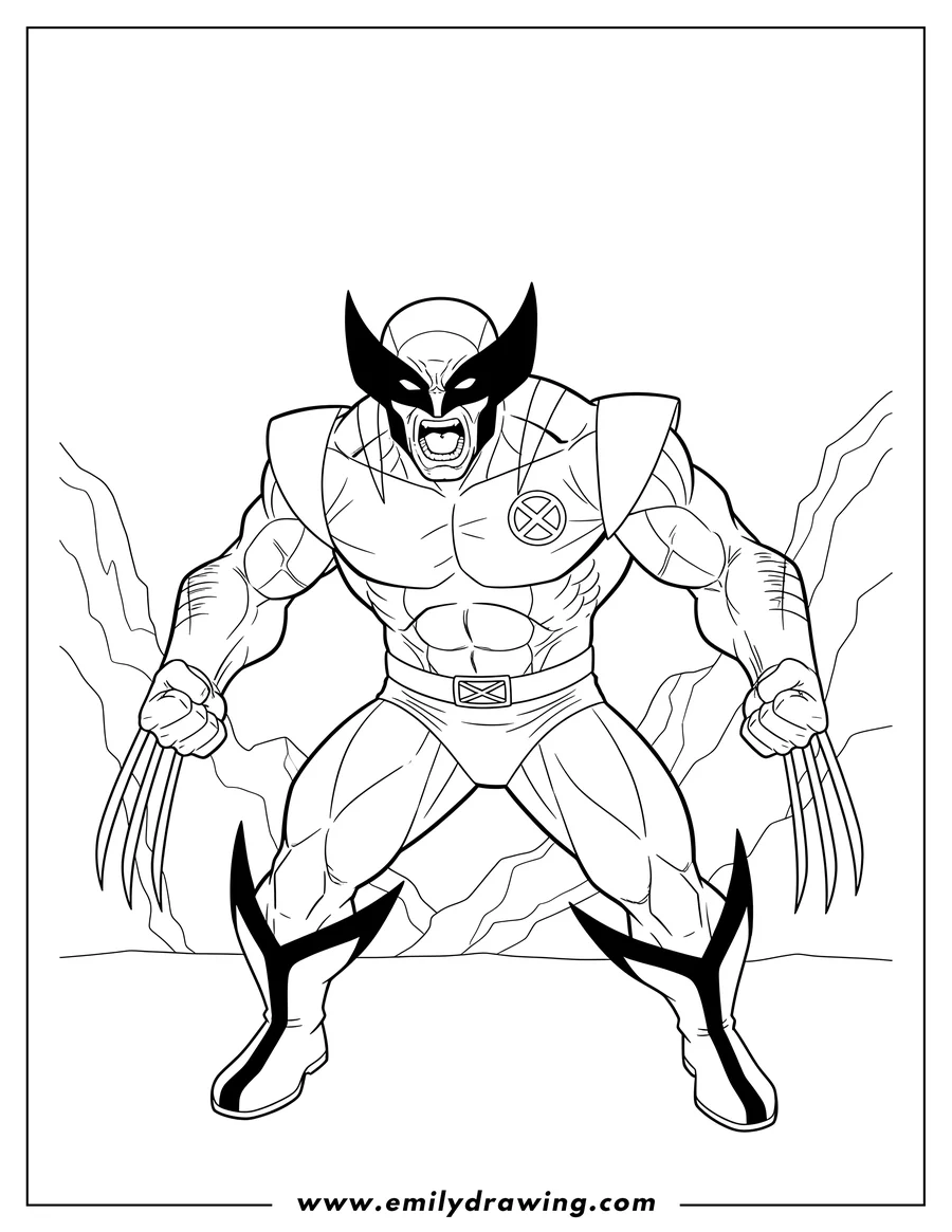 Vector style outline of muscular Wolverine yelling with claws extended