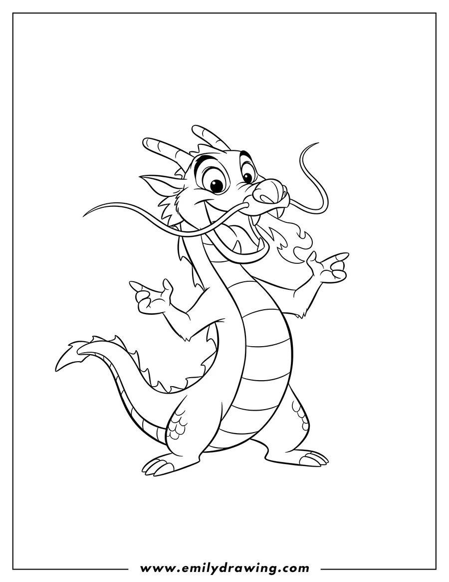 Printable coloring page of simple Mushu Preschoolers, Mushu the dragon standing with mouth open and gesturing enthusiastically
