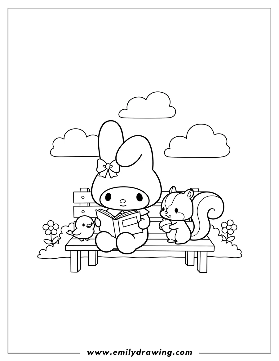 Linear illustration of my Melody sitting on a bench reading a book, with Flat next to her and Risu standing nearby