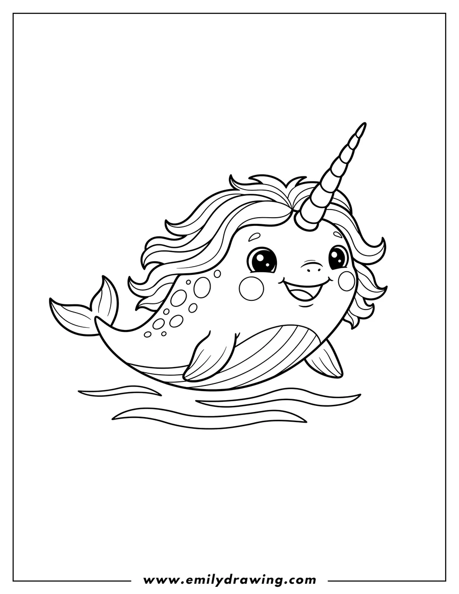 PDF style coloring page: simple Narwhal With Mane, smiling with rosy cheeks and spots, Preschoolers