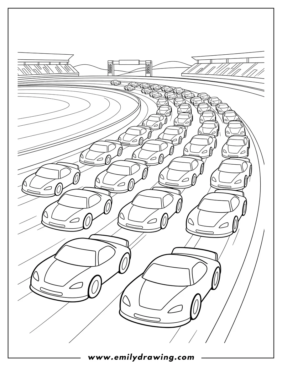 Downloadable coloring page of simple Nascar Cars Outline in Rows on a Curving Race Track