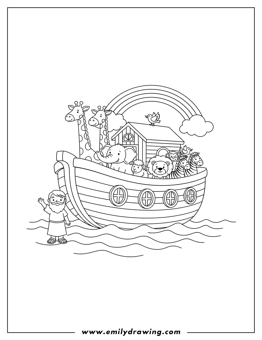 Vector style outline of simple Noah S Ark At Sea Preschoolers with giraffes and other animals on the ark