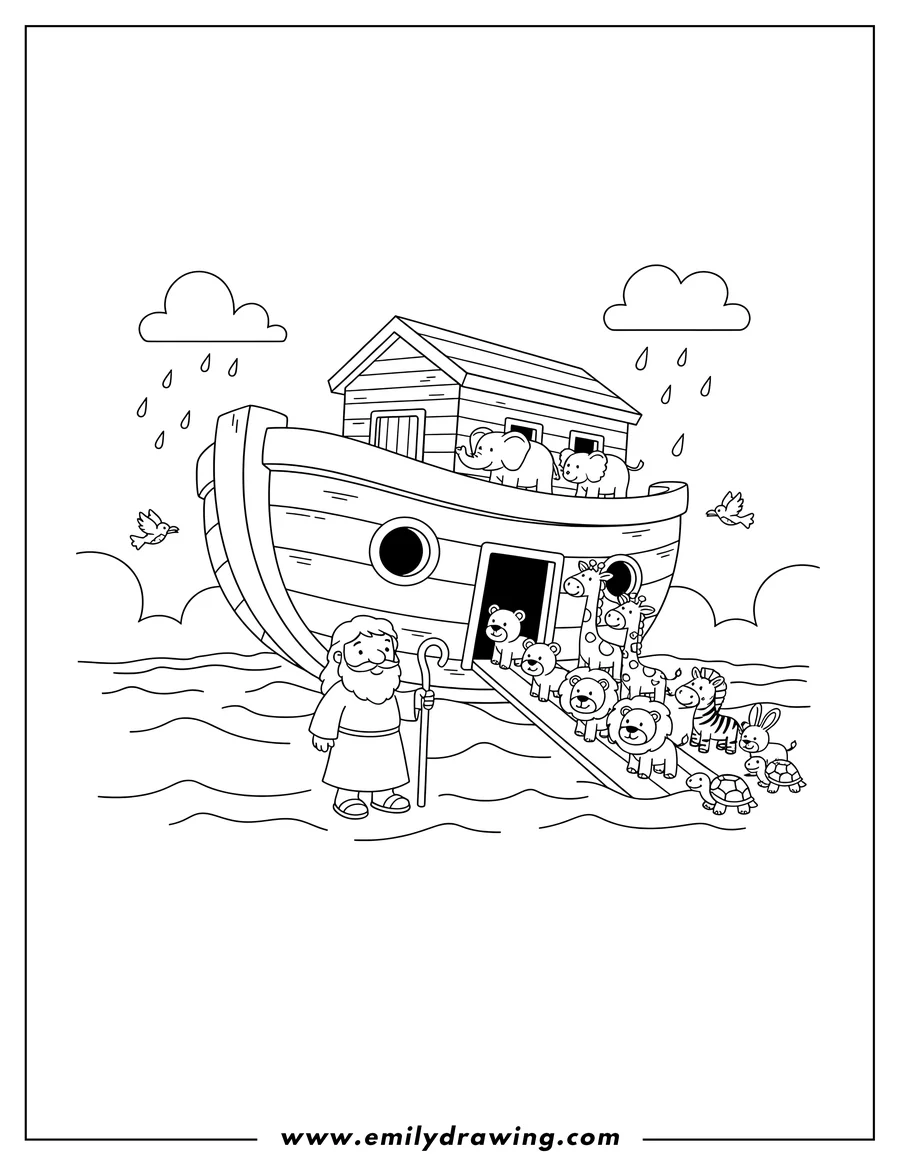 Full page coloring image of simple Noah S Ark Before Flood Preschoolers, with animals entering the ark and Noah herding them