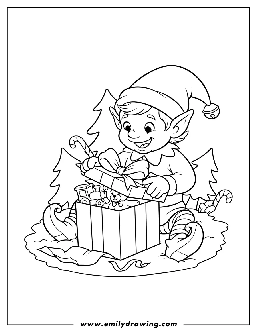 Black and white line art of north Pole Elf Unwrapping Christmas Gift