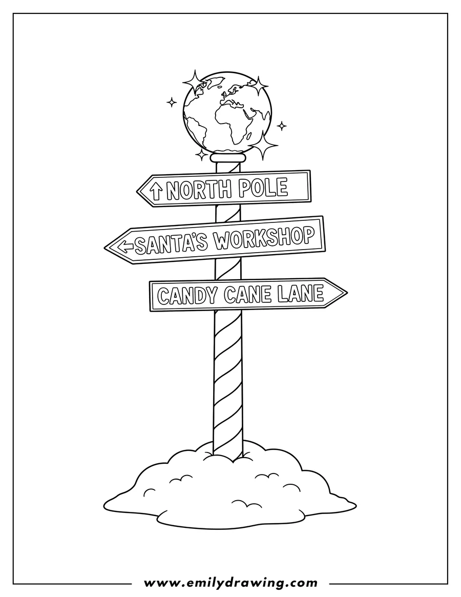 Full page coloring image of simple North Pole sign post with snow, a candy cane stripe, and a sparkly globe on top