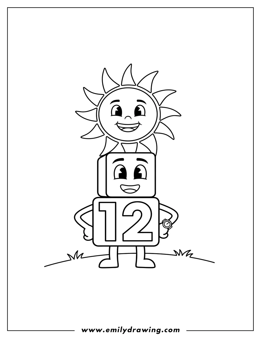 Doodle style coloring picture of numberblocks 12 standing under sun, wearing a watch