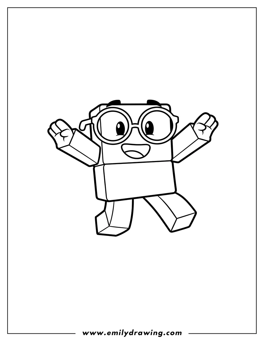 Free printable coloring sheet of numberblocks 2 Jumping with glasses, a happy smile, and outstretched arms
