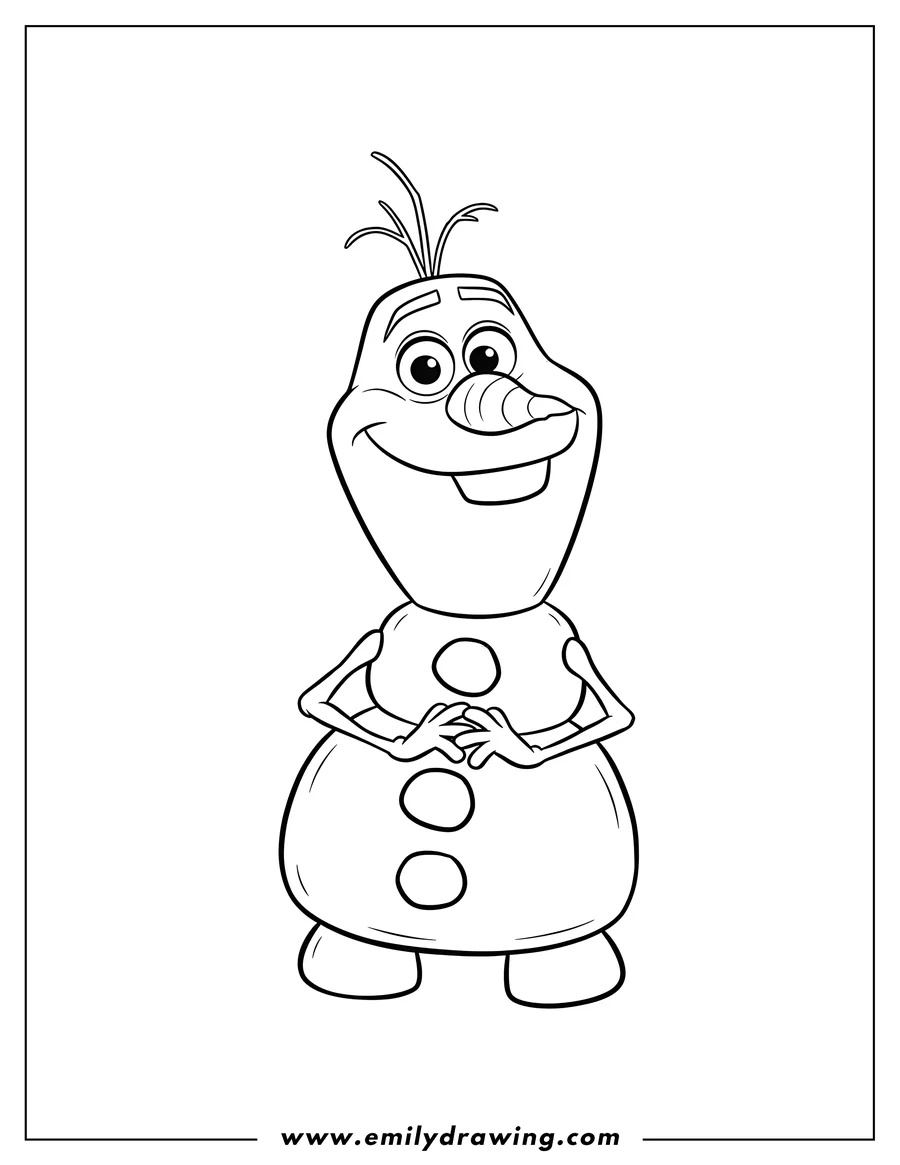Outline drawing of simple Olaf Scaled, happy and clasping hands