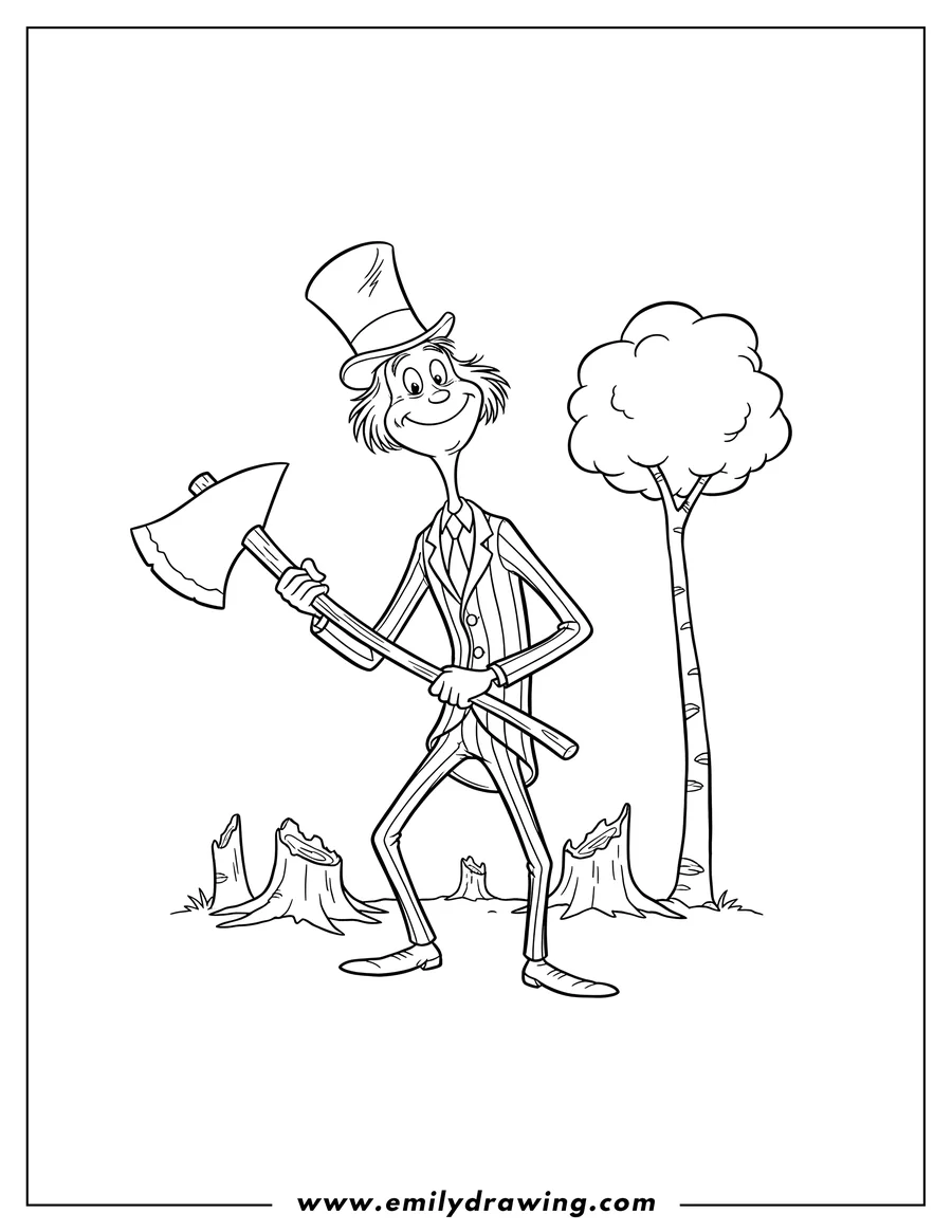 Black and white line art of once Ler holding an axe and smiling