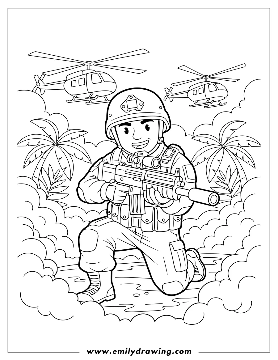Free to print drawing of call Duty Operator Jungle With Helicopters, aiming a rifle amidst smoke