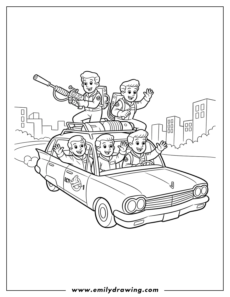 Vector style outline of original Ghost Busters riding Ecto 1 with two on the roof, one holding a proton gun