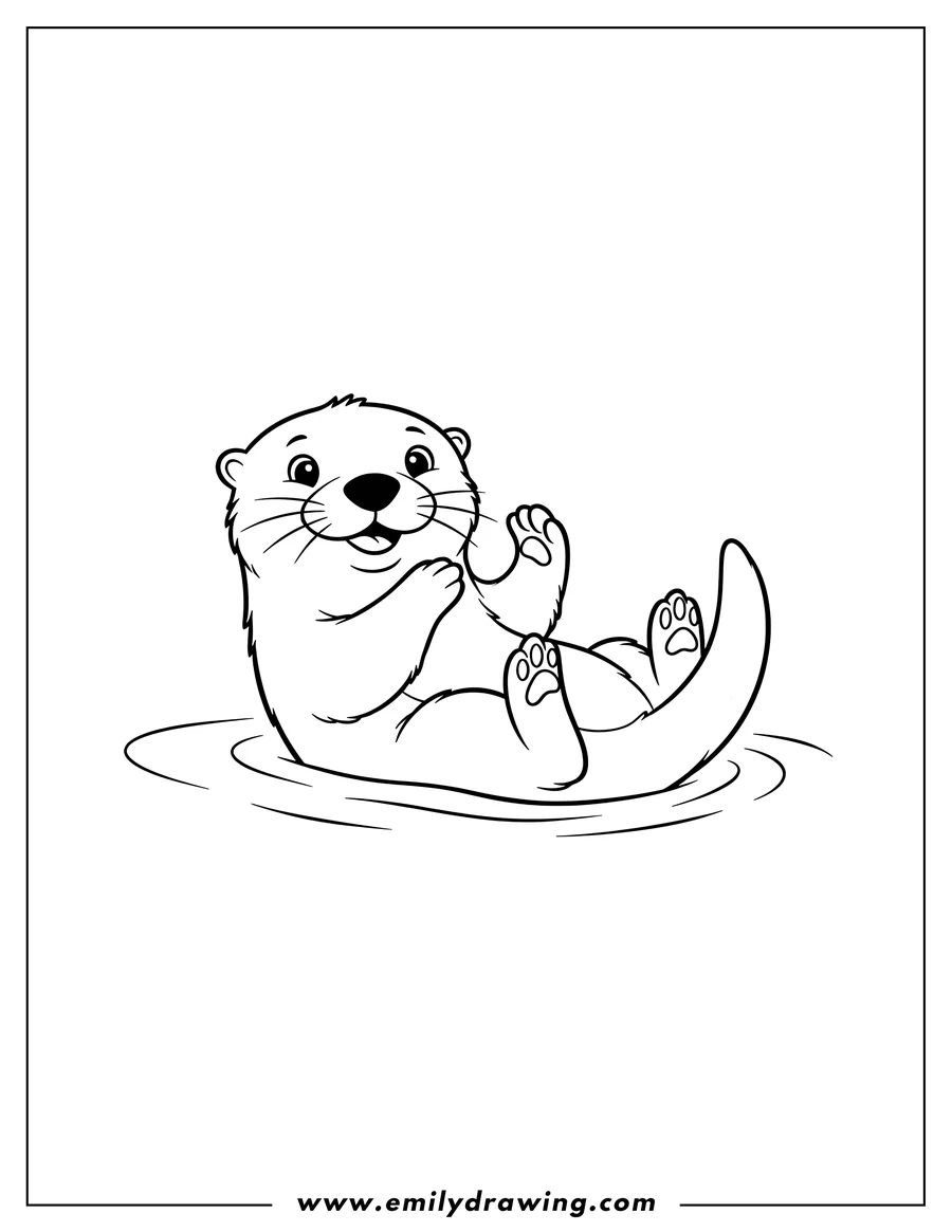 Free printable coloring sheet of simple Otter Floating On Its Back, smiling, with paws held up