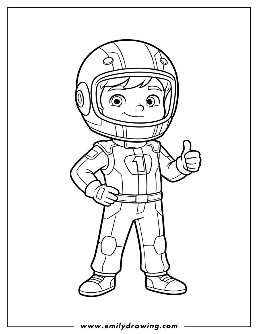 Outline drawing of simple Outline Aj in a racing suit and helmet, standing with one hand on his hip
