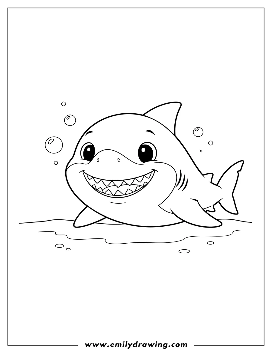 Simple sketch of simple Outline Baby Shark for preschoolers, smiling broadly and showing jagged teeth to color