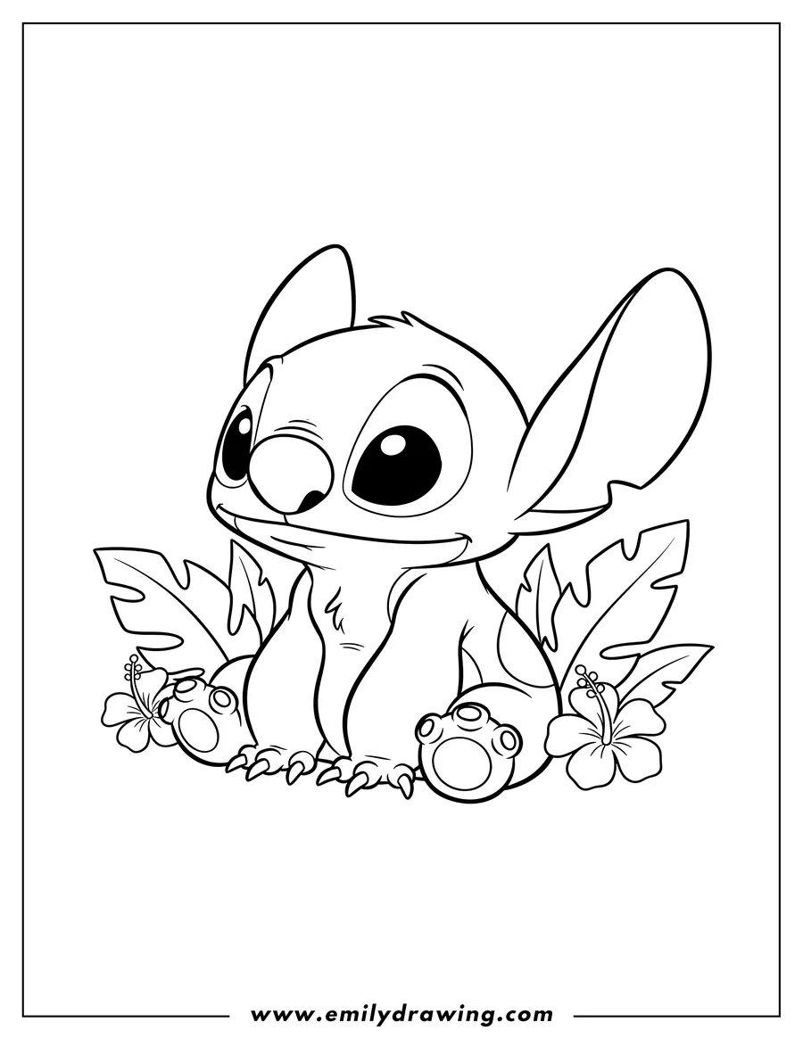 Free printable coloring sheet of simple Outline Baby Stitch sitting and looking left, to color