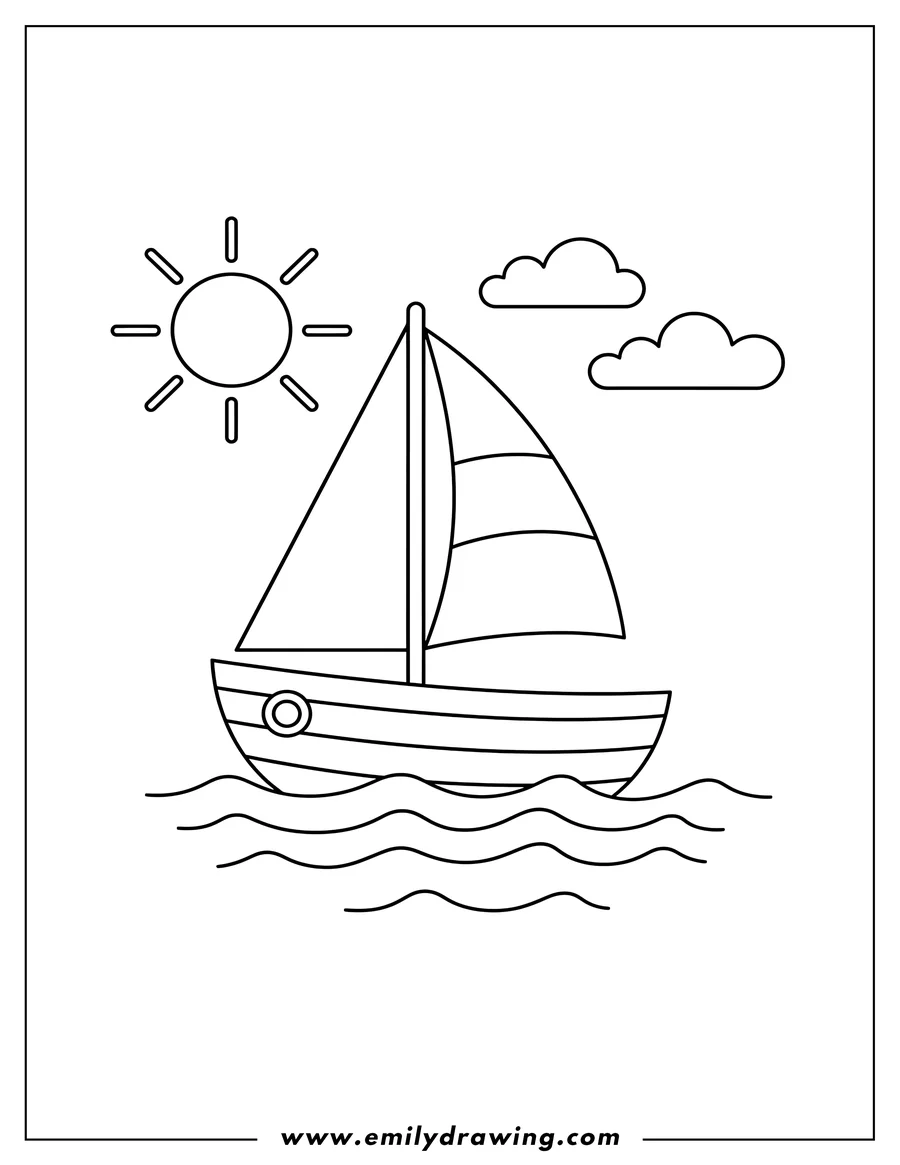 PDF style coloring page: simple Outline Boat with a Sail on Water To Color Preschoolers Scaled