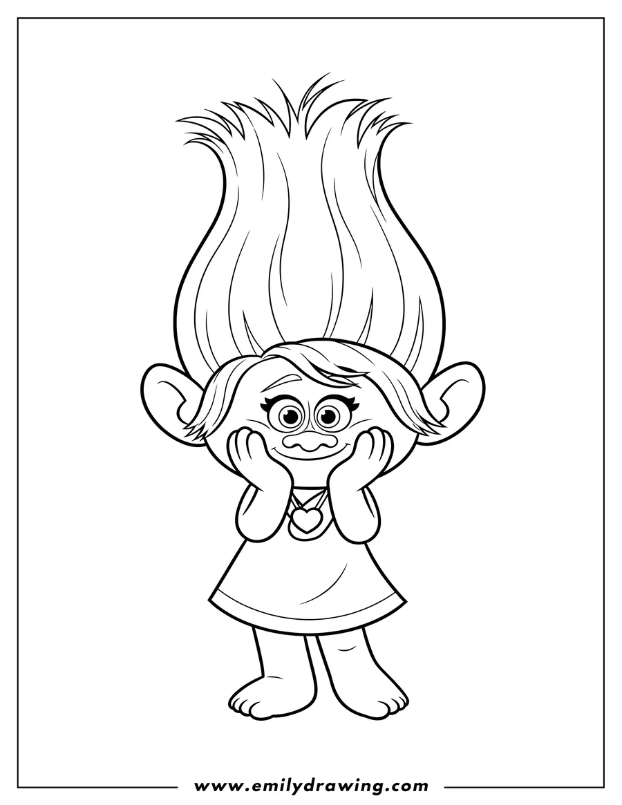 Outline drawing of simple Outline Bridget Troll holding hands to her face shyly