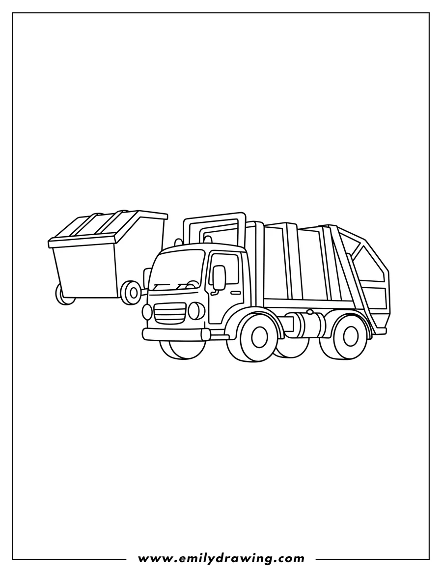 Coloring page of simple Outline Cartoon Garbage Truck with a dumpster attached