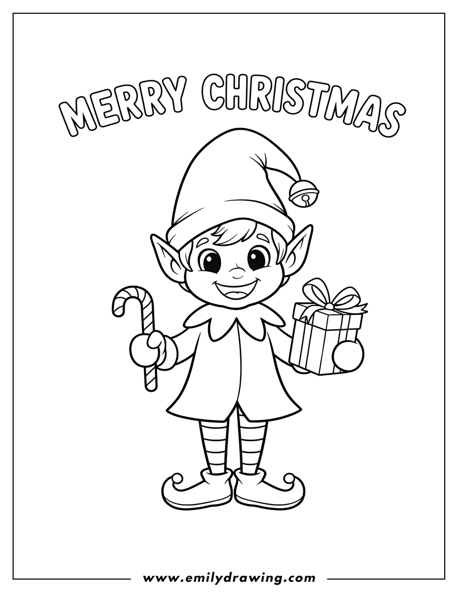Free printable coloring sheet of simple Outline Christmas Elf wearing a pointy hat and striped legs, with MERRY CHRISTMAS text above, for Preschoolers