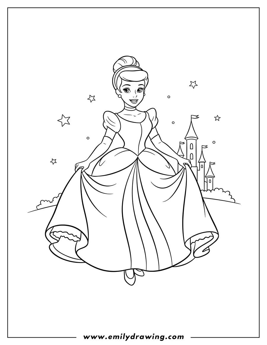 Free printable coloring sheet of simple Outline Cinderella To Color Scaled, in a ball gown, holding her dress and smiling